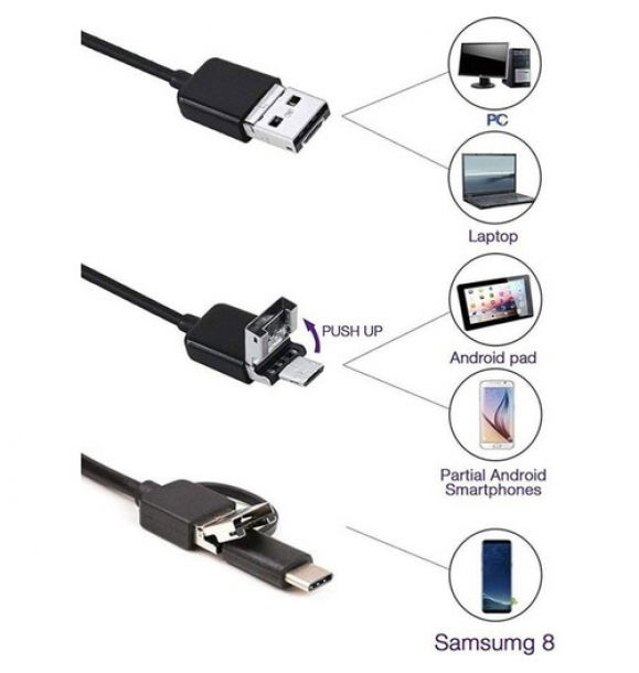 Эндоскоп 3 в 1 Змея Камера USB Micro Usb Type-C 2M Жесткий Кабель | Sumka